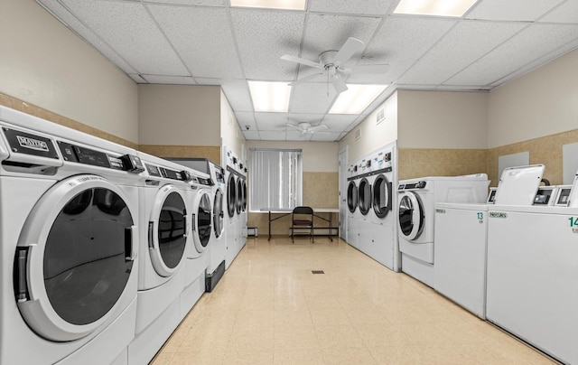 135 Post Ave Unit 5N, Westbury, NY 11590 - common laundry area featuring light floors, a ceiling fan, stacked washer and dryer, and independent washer and dryer