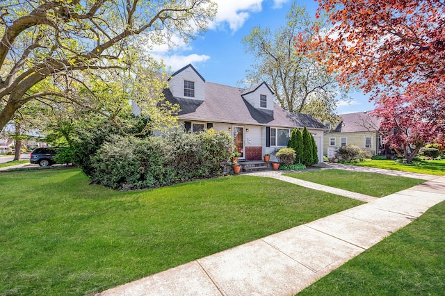 cape cod-style house with a shingled roof and a front yard