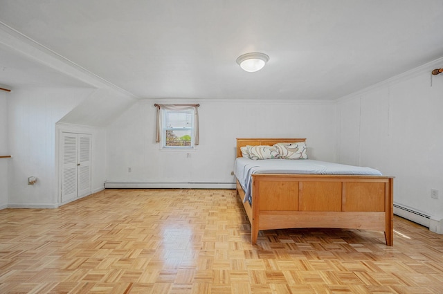bedroom featuring baseboards, ornamental molding, and a baseboard radiator