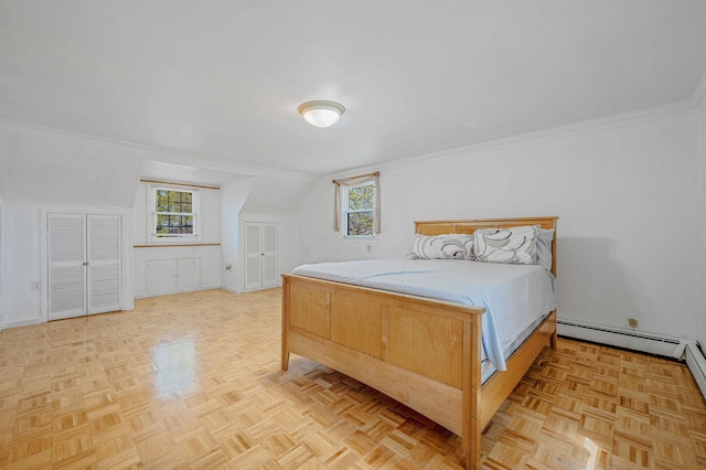 bedroom featuring crown molding, multiple windows, and a baseboard radiator