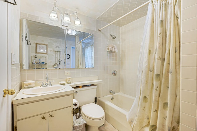 full bath with decorative backsplash, shower / bath combination with curtain, tile walls, vanity, and toilet