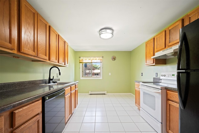 2433 Union Blvd Unit 4B, Islip, NY 11751 - kitchen with a baseboard heating unit, under cabinet range hood, brown cabinets, a sink, and black appliances