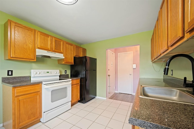 2433 Union Blvd Unit 4B, Islip, NY 11751 - kitchen featuring white electric stove, a sink, freestanding refrigerator, under cabinet range hood, and light tile patterned flooring