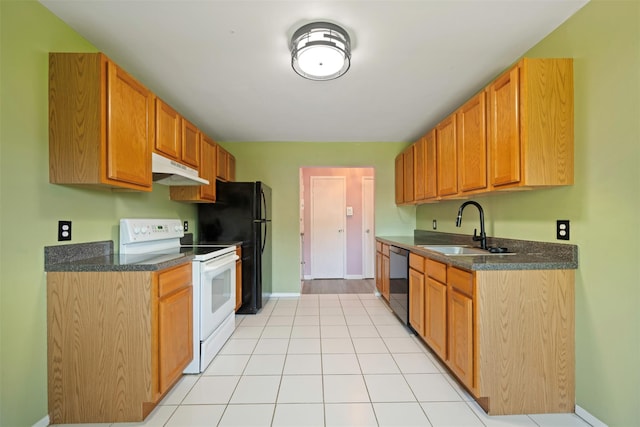 2433 Union Blvd Unit 4B, Islip, NY 11751 - kitchen with dark countertops, dishwasher, a sink, white electric range oven, and under cabinet range hood