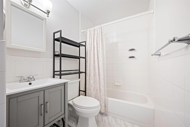 2433 Union Blvd Unit 4B, Islip, NY 11751 - bathroom with vanity, shower / bath combo with shower curtain, toilet, and tile walls