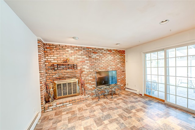 unfurnished living room with baseboards, a baseboard radiator, stone finish flooring, and a brick fireplace
