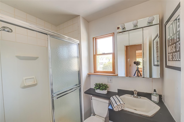 bathroom featuring a sink, a shower stall, and toilet