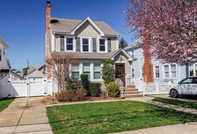 17 N Cambridge St, Malverne, NY 11565 - traditional home featuring a chimney, roof with shingles, a front yard, a gate, and fence