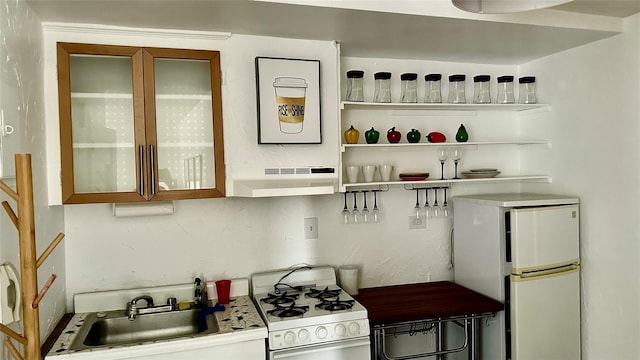 bar featuring a sink, backsplash, under cabinet range hood, and white appliances