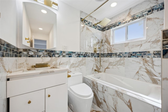 bathroom with vanity, toilet, a combined bath / shower with marble appearance, tile walls, and recessed lighting