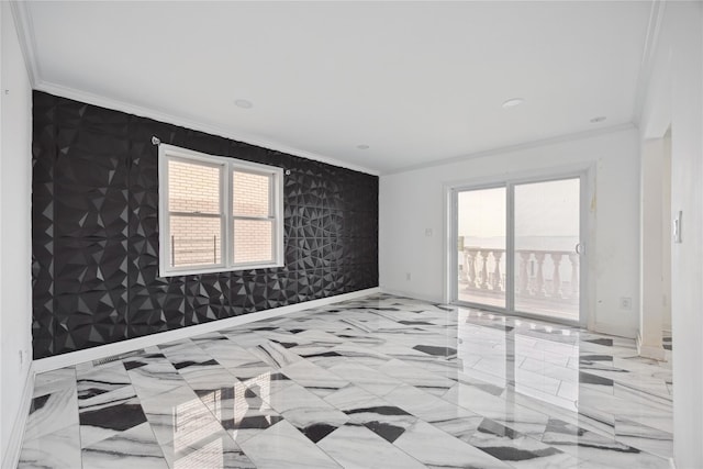empty room with recessed lighting, baseboards, and ornamental molding
