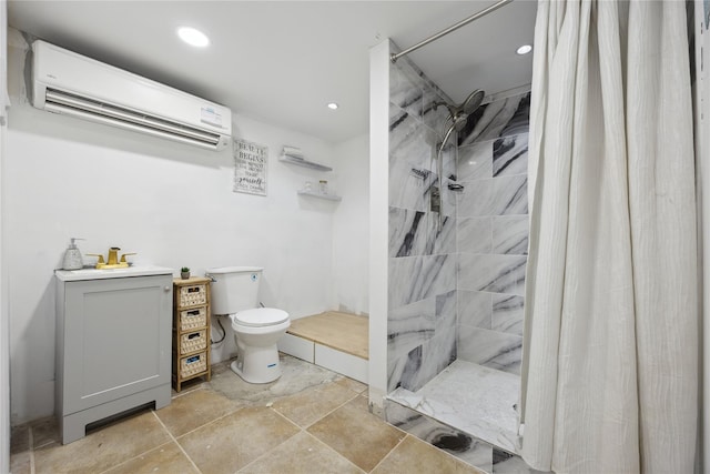 full bathroom with recessed lighting, a wall mounted AC, a tile shower, and toilet