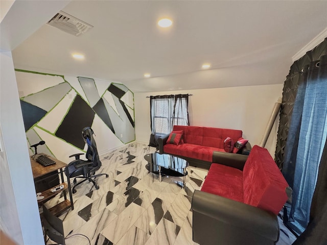 living room featuring recessed lighting and visible vents