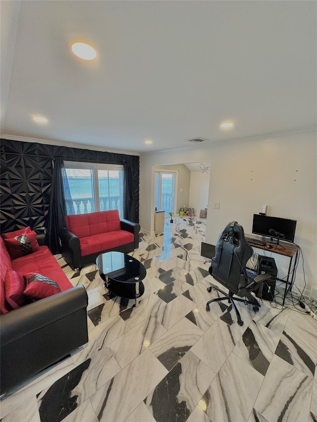 living room featuring baseboards, recessed lighting, and visible vents