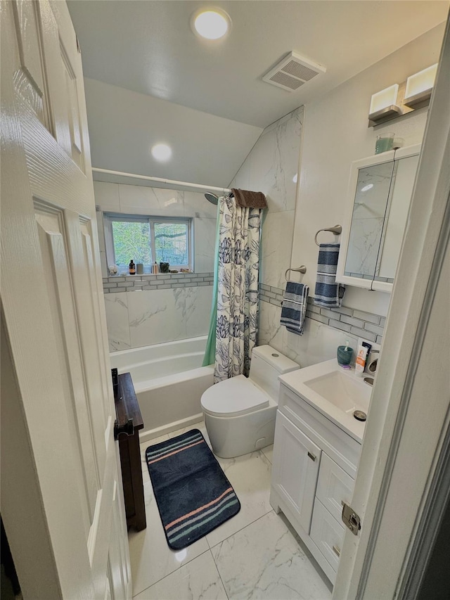 full bath featuring visible vents, shower / tub combo with curtain, marble finish floor, vanity, and toilet