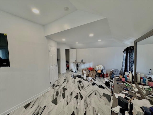 living room featuring recessed lighting, baseboards, and vaulted ceiling