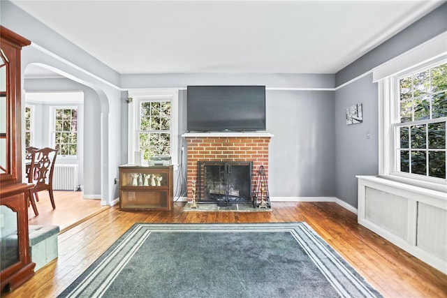 8 Rose Ct, Northport, NY 11768 - unfurnished living room featuring wood-type flooring, arched walkways, radiator, and a wealth of natural light