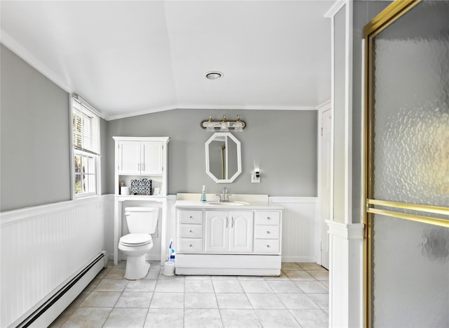 8 Rose Ct, Northport, NY 11768 - bathroom featuring tile patterned flooring, baseboard heating, wainscoting, toilet, and lofted ceiling