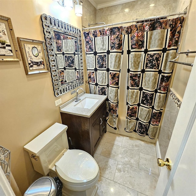 590 E 3rd St Unit 2-O, Mount Vernon, NY 10553 - bathroom featuring vanity, ornamental molding, toilet, and shower / tub combo with curtain