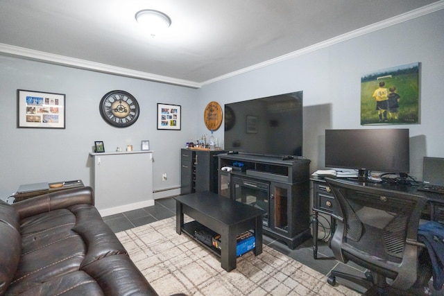 living room featuring baseboards, ornamental molding, and a baseboard radiator