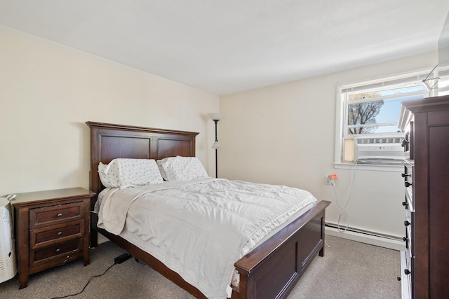 bedroom featuring a baseboard heating unit, light carpet, and cooling unit