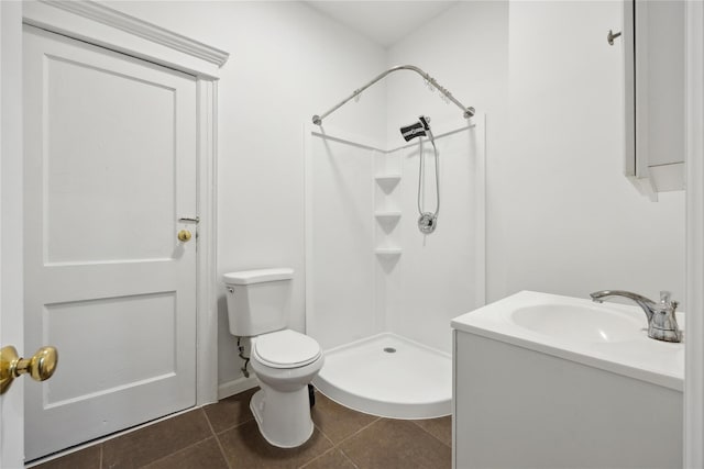 full bathroom with toilet, tile patterned floors, a shower stall, and vanity