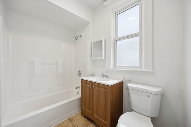 bathroom with vanity, tile patterned flooring, shower / bathtub combination, and toilet