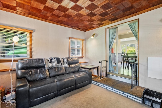 1037 Chestnut St, North Valley Stream, NY 11580 - carpeted living area with crown molding and wooden ceiling