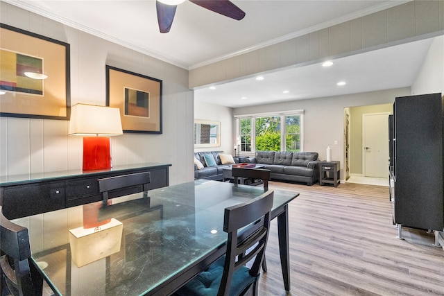 1037 Chestnut St, North Valley Stream, NY 11580 - dining space featuring wood finished floors, crown molding, a ceiling fan, and recessed lighting