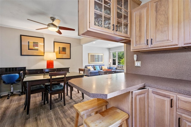 1037 Chestnut St, North Valley Stream, NY 11580 - kitchen with glass insert cabinets, ceiling fan, dark wood finished floors, a peninsula, and a breakfast bar