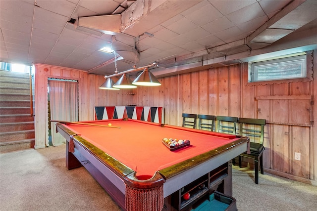 1037 Chestnut St, North Valley Stream, NY 11580 - game room featuring billiards table, wood walls, carpet floors, and baseboards