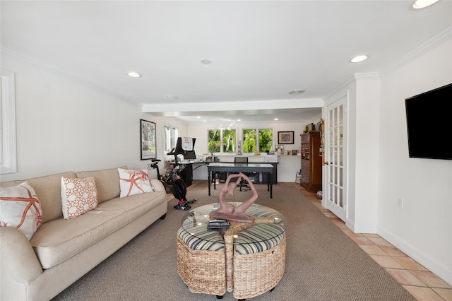 living area featuring recessed lighting, ornamental molding, and light tile patterned floors