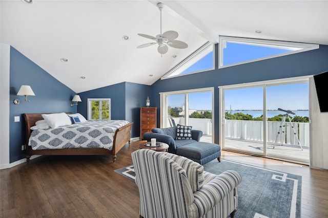 bedroom with multiple windows, lofted ceiling with beams, wood-type flooring, and access to exterior