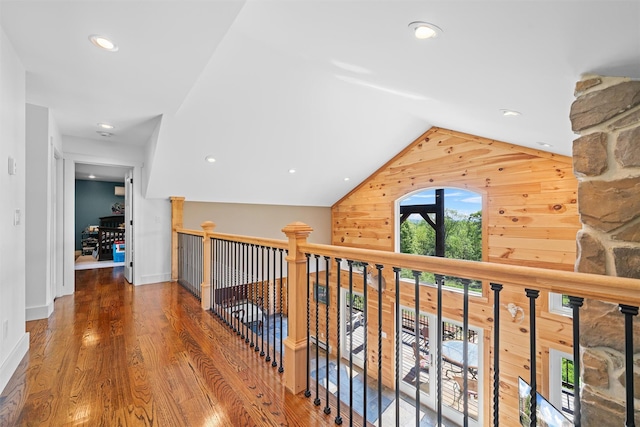 535 County Route 22, Middletown, NY 10940 - hallway featuring wooden walls, lofted ceiling, recessed lighting, wood finished floors, and baseboards