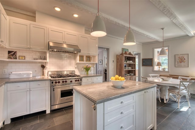 kitchen with open shelves, beamed ceiling, white cabinetry, under cabinet range hood, and premium stove