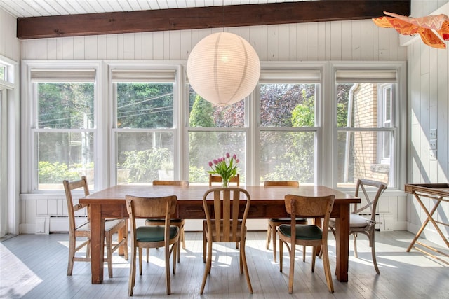 sunroom with a baseboard radiator and beam ceiling