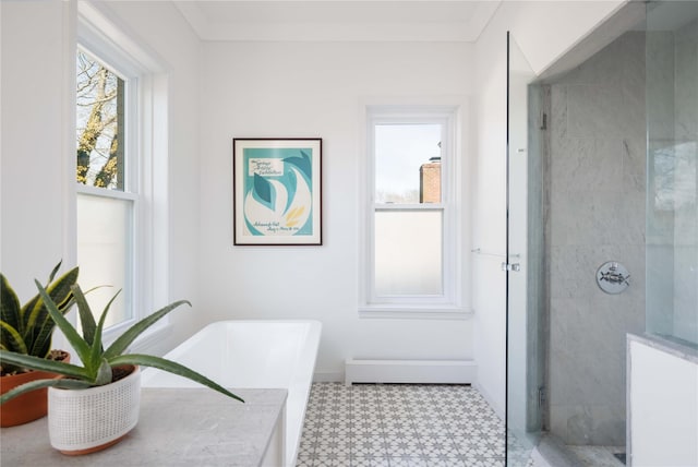 bathroom featuring baseboards, a bathing tub, tile patterned floors, and tiled shower