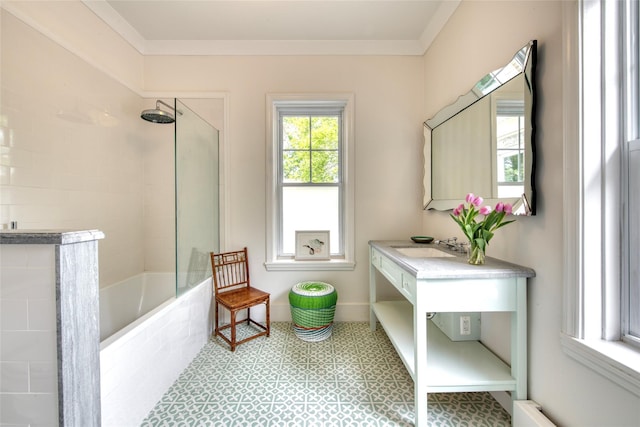 full bath featuring vanity and ornamental molding