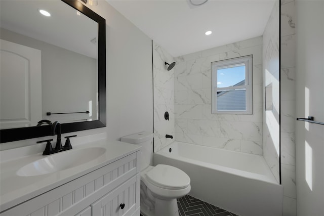 bathroom featuring shower / bath combination, vanity, recessed lighting, and toilet