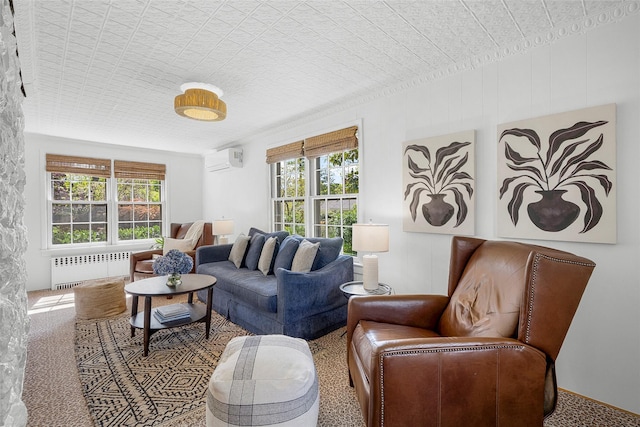 living room featuring carpet, radiator heating unit, plenty of natural light, and an AC wall unit