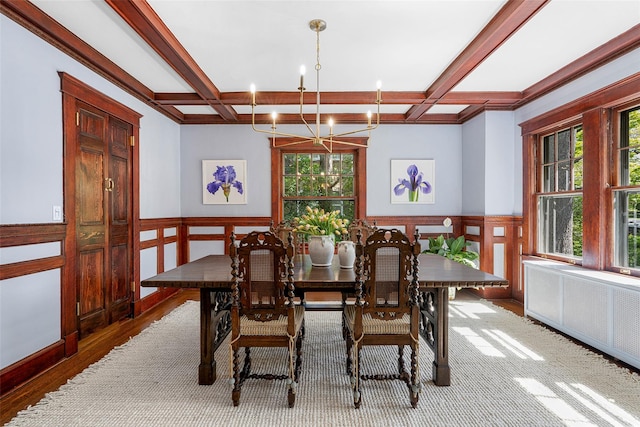 dining room with coffered ceiling, wainscoting, beamed ceiling, and a notable chandelier