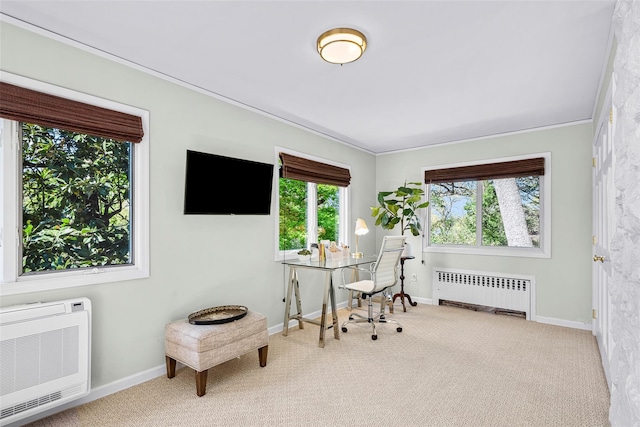 carpeted home office with radiator heating unit, baseboards, heating unit, and plenty of natural light