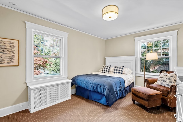 carpeted bedroom with crown molding, radiator, and multiple windows