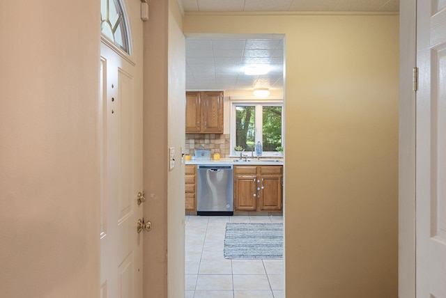 15 Riverview Farm Rd, Ossining, NY 10562 - corridor with light tile patterned flooring, a sink, and a paneled ceiling
