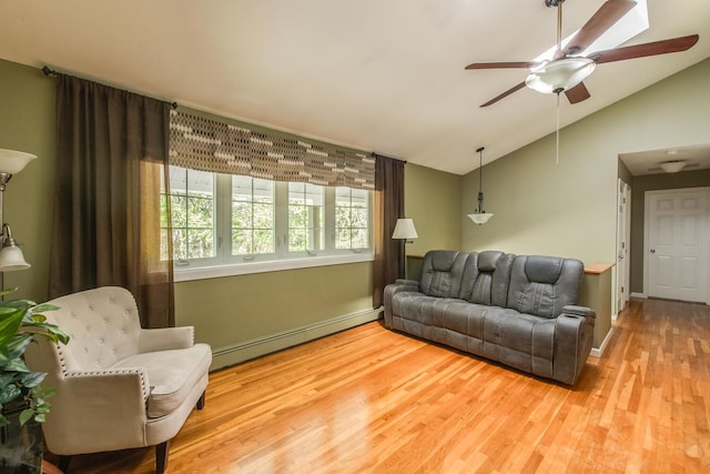163 Smith Rd, Poughkeepsie, NY 12603 - living area with a ceiling fan, light wood-style flooring, lofted ceiling, and a baseboard radiator