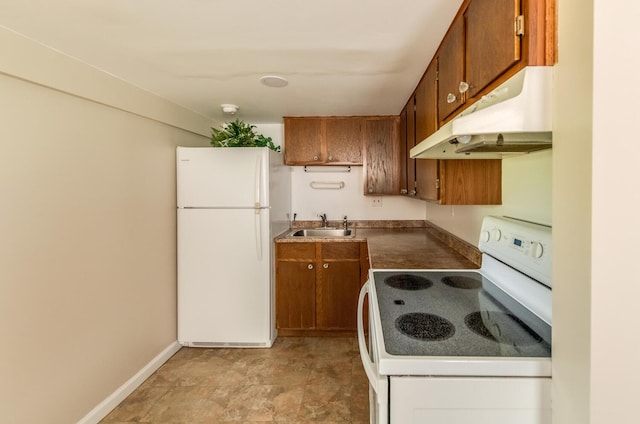 163 Smith Rd, Poughkeepsie, NY 12603 - kitchen featuring brown cabinetry, dark countertops, white appliances, under cabinet range hood, and a sink