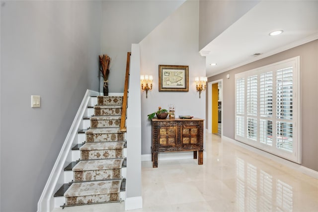 185 Old Pond Ct Unit 185, Jericho, NY 11753 - staircase with ornamental molding, baseboards, recessed lighting, and a chandelier