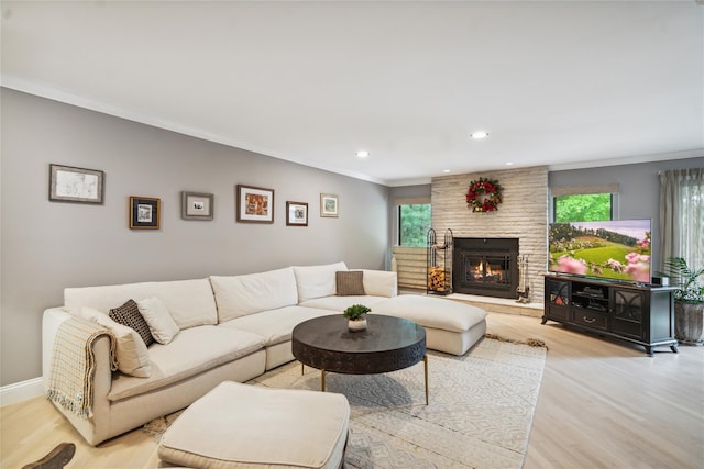 185 Old Pond Ct Unit 185, Jericho, NY 11753 - living area with light wood-style flooring, ornamental molding, a stone fireplace, recessed lighting, and baseboards