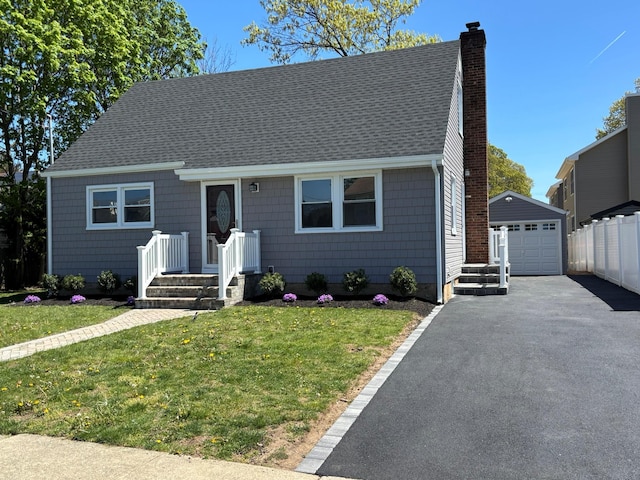 view of front of house with a chimney, an outbuilding, a detached garage, a front lawn, and a shingled roof