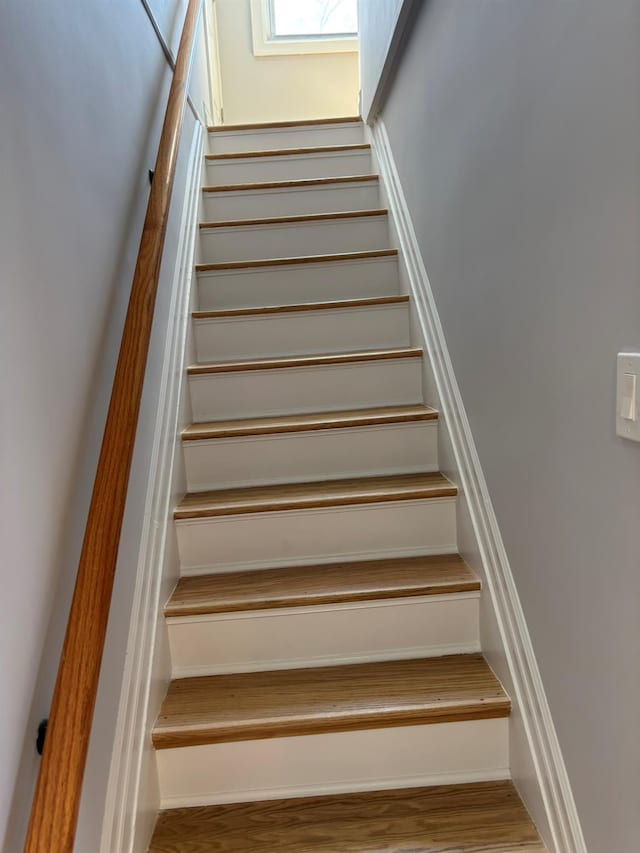 stairway featuring wood finished floors